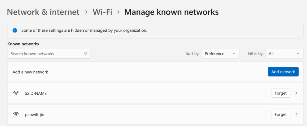 Manage known networks