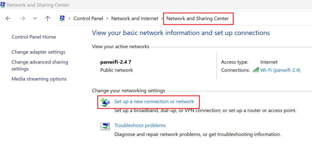 wireless network and sharing center