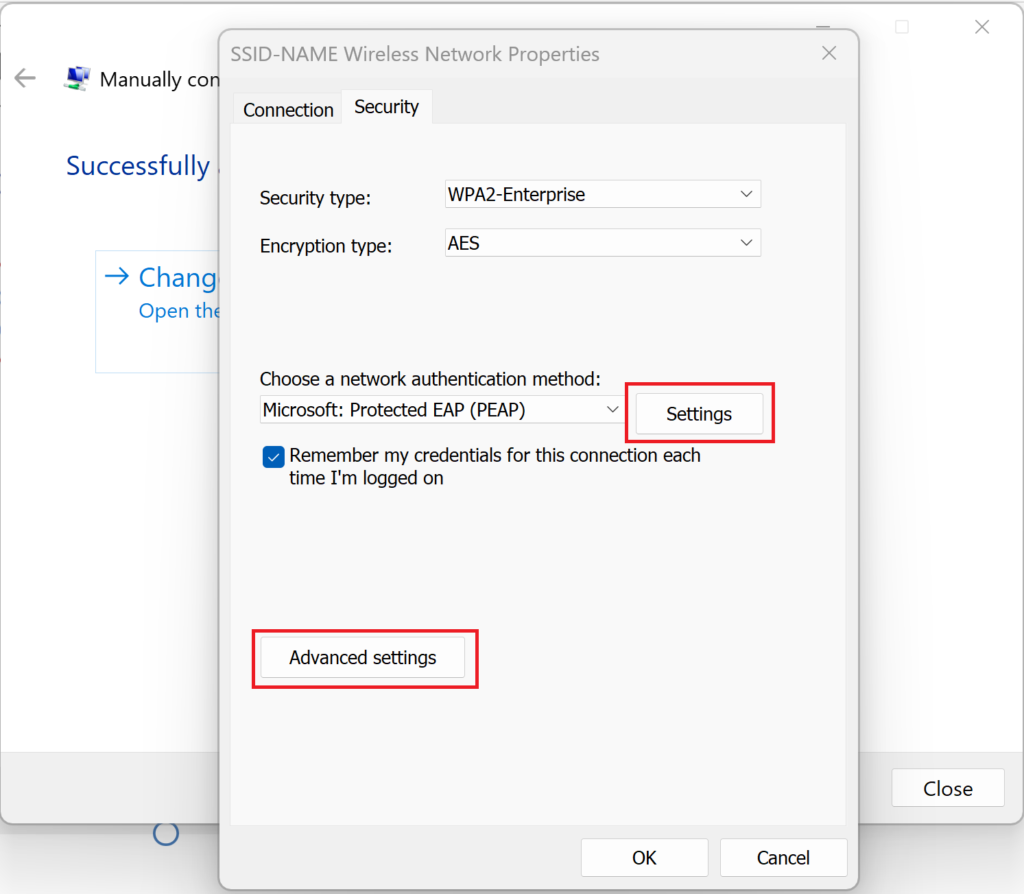 wireless authentication setting EAP PEAP