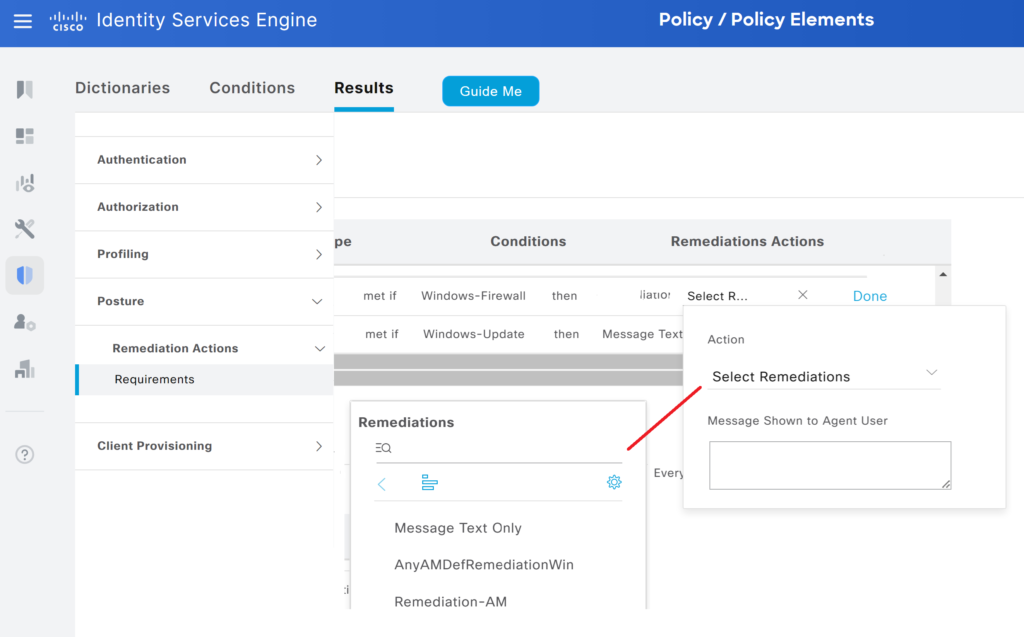 cisco ise posture remediation action dropdown