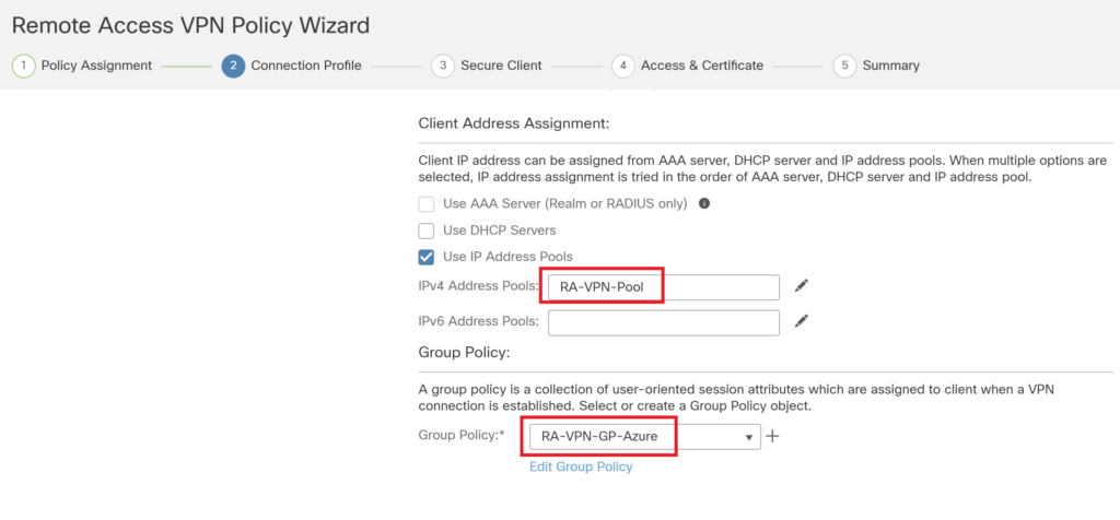 select group policy, ra vpn pool