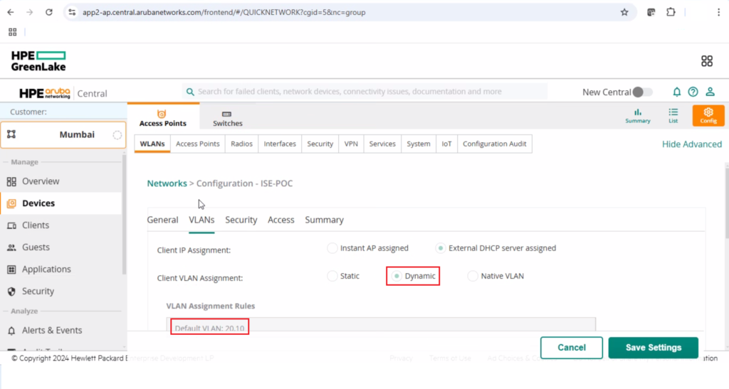 Cisco ISE Aruba integration - SSID configuration - VLAN assignment rules.