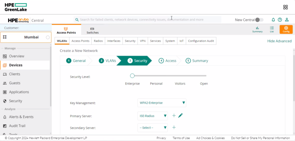 Cisco ISE Aruba integration - SSID configuration - Security.