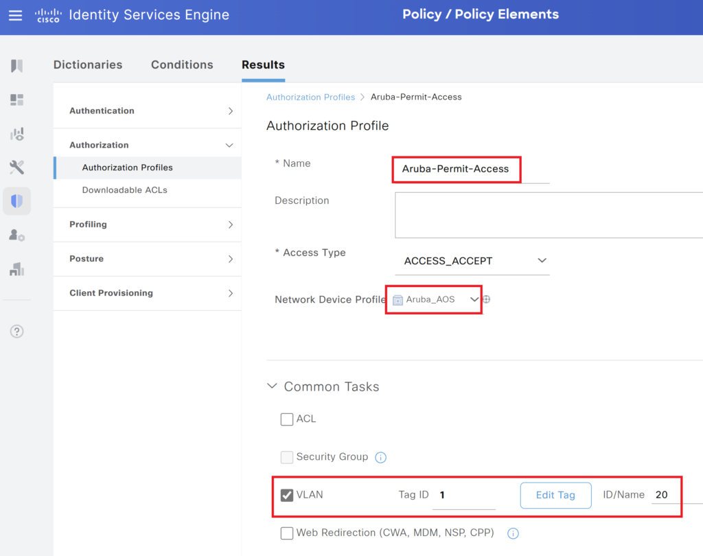 Cisco ISE authorization profile permit access