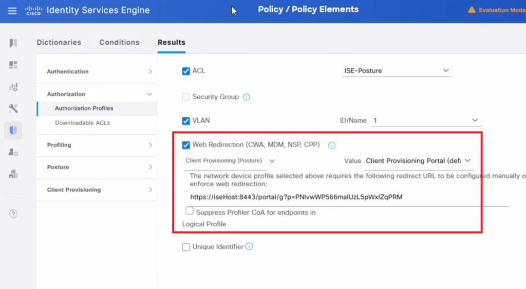 Cisco ISE authorization profile web redirection